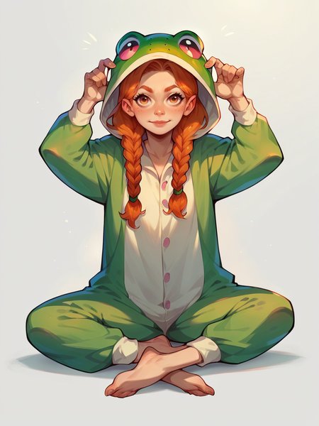 score_9, score_8_up, score_7_up, score_6_up, score_5_up,  1girl, ginger hair, braids,  <lora:f0ggyXLP2:0.7> f0ggy, frog costume, solo, barefoot