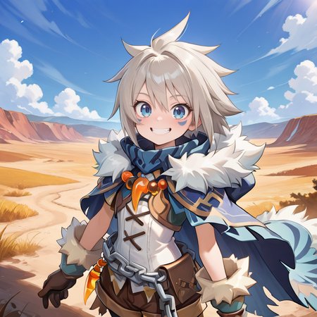 masterpiece, very aesthetic, absurdres, best quality, amazing quality, high resolution, <lora:illustrious_quality_modifiers_masterpieces_v1:0.8> , <lora:ChamIllustriousBackgroundEnhancer:0.5>,   <lora:MilanorIL:0.8> , miladef, 1boy, grey hair, spiked hair, blue eyes, blue facial mark, fur trim, blue cloak, white corset, gloves, chain belt, brown shorts, leggings under shorts, orange tooth necklace, exterior, wasteland, day, blue sky, clouds, smile,  looking at viewer, 4k,  face, portrait,