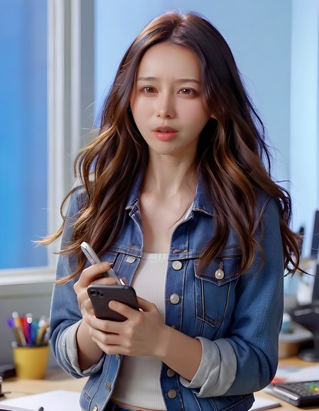 In a vibrant, azure-hued studio bathed in soft natural light streaming through large windows, L334Y, a woman with long, wavy chestnut hair cascading over her shoulders, stands against a blue backdrop. She wears a faded denim jacket adorned with subtle wear and tear, its buttons partially undone to reveal a white, collared shirt beneath. Her gaze is intent and direct, fixed on the viewer, as she holds a smartphone in one hand and cradles her nose with the other, her expression thoughtful yet approachable. Behind her, a cluttered work desk with scattered notebooks, sketchbooks, and various artistic tools subtly hint at her creative pursuits, while the sun-drenched room beyond suggests a bustling urban neighborhood filled with life and energy.