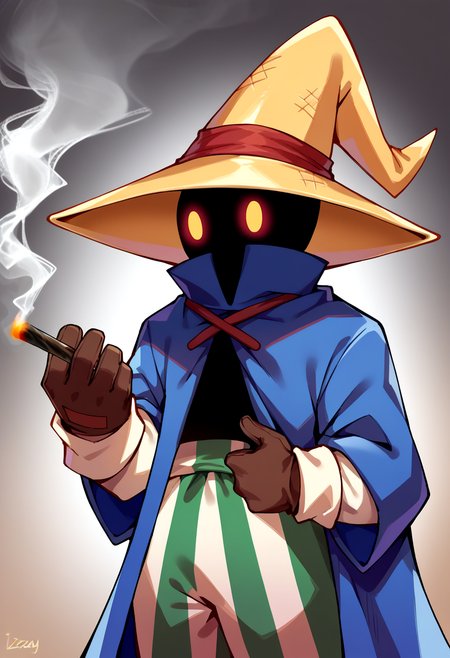 score_9, score_8_up, score_7_up, source_anime, BREAK, solo, 1boy, looking at viewer,  <lora:Stoned-pdxl_Fp:1>, stoned, colored sclera, smoking, <lora:Ziggy-pdxl_Fp:1>, ziggy, yellow eyes, shaded face, faceless, no mouth, wizard hat, striped pants, cloak, robe, brown gloves, smoking, holding cigarette