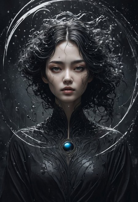 professional photography, omposition includes overlapping circles,  Splash art, a quirky liquid portrait of a hauntingly beautiful draw elegant,  and mystery. mythical, legendary, powerful, ((dark, evening)), cinematic, trending on ArtStation, (close-up))