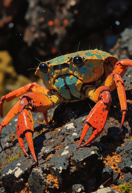 8K, masterpiece, ultra high-definition macro photography, ultra-detailed, Nikon D850, 105mm f/2.8 macro lens, soft diffused natural light — this hyper-detailed close-up photo captures a vibrant Sally Lightfoot crab (Grapsus grapsus) perched on a sun-warmed volcanic rock. Its vivid carapace displays intense hues of crimson, orange, and electric blue with razor-sharp clarity, each leg joint and scale rendered in stunning precision. The crab’s eyes glisten like dark glass beads, catching ambient light with crystalline brilliance. Fine grains of sand and salt cling to its legs and underbelly, emphasizing scale and realism. The textured rock beneath it is captured in rich, high-contrast detail, with rough, pitted surfaces, tiny moss patches, and shimmering droplets that suggest a recent tide. A shallow depth of field creates a creamy, soft blur in the background, amplifying the razor-sharp focus on the crab’s anatomy. Every nuance of the shell’s iridescence, each ridge and reflective surface, is illuminated to reveal a moment of perfect coastal life in breathtaking, museum-grade clarity.
