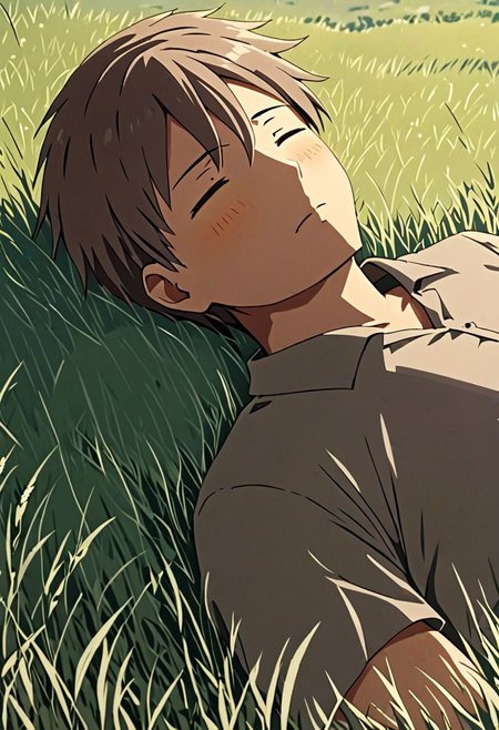 high resolution, solo, best quality, 1Boy, Takaki Toono, Brownish Hair, Brown Eyes, sleep, nap, grass, meadow hills, wind breeze, OverallDetail