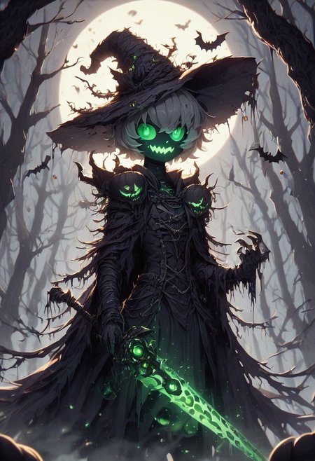 score_9, score_8_up, score_7_up, upscale 2x, 1girl as a mystical witch dressed in a Halloween-themed outfit.  has a tall, pointed witch's hat decorated with tiny pumpkins and bats, and wears a flowing cape in shades of orange, purple, and black. She holds a magical staff that emits a faint green glow. Around her are glowing jack-o'-lanterns, hovering ghostly figures, and black cats with glowing eyes. The scene is set in a dark, misty forest with a full moon casting an eerie light, creating a spooky yet enchanting Halloween atmosphere