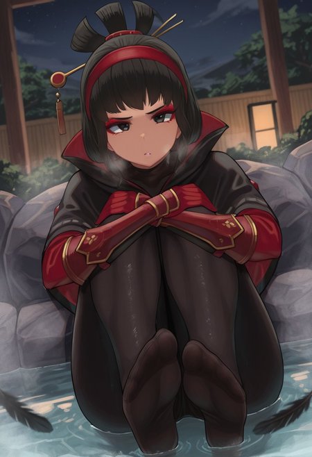 facominn,  outdoors, undershirt, falling feathers, black bodysuit, hair stick, hugging knees, knees to chest, gauntlets, eyeshadow, red gloves, two sides up, black capelet, red hairband, black eyes, 1girl, solo, feet, visible breath, dynamic angle, foreshortening, smell, steam, onsen, water