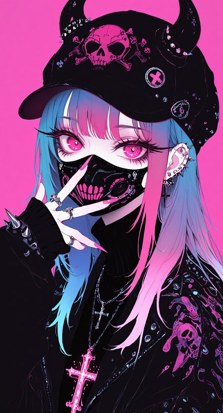 masterpiece, best quality, good quality, very awa, newest, highres, absurdres, 1girl, solo, long hair, looking at viewer, simple background, long sleeves, jewelry, blue hair, jacket, pink hair, multicolored hair, earrings, horns, pink eyes, necklace, nail polish, black jacket, collar, fingernails, sleeves past wrists, eyelashes, gradient hair, mask, turtleneck, piercing, pink background, ring, portrait, cross, ear piercing, pink nails, spikes, long fingernails, skull, mouth mask, fake horns, cross necklace, pink theme, long eyelashes, horned headwear, limited palette, glowing, psychedelic, <lora:illustriousXL_stabilizer_v1.23:0.3> <lora:NOOB_vp1_detailer_by_volnovik_v1:0.3> <lora:ponyv6_noobE11_2_adamW-000017:0.3> <lora:114558v4df2fsdf5:0.6> <lora:XXX667:0.4> <lora:mon_monmon2133:0.5>