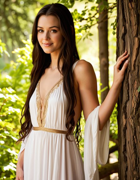 Cosplay-LotR , Create a cosplay image of Arwen from The Lord of the Rings, showcasing her iconic white dress that accentuates her slender figure and gentle personality, with a subtle and alluring makeup look, long brown hair, and a bold smile, in a sensual and enchanting pose, set against a stunning backdrop of Rivendell, with intricate Elven-inspired architecture and vibrant natural patterns, in a style that blends traditional fantasy art with modern digital art, featuring bold lines, bright colors, and lush textures, with a focus on capturing Arwen's charming and seductive personality, and a hint of magical and mystical allure.