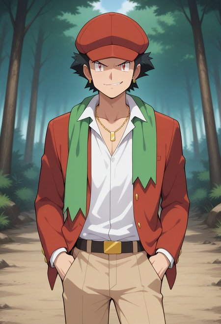 pokemon \(classic anime\), anime screencap, 
best quality, masterpiece, amazing quality, very aesthetic, absurdres,
1boy, solo, spiritgruntm, black hair, sideburns, red eyes, gold earring, spirituniformm, newsboy cap, green scarf around shoulders, red jacket, white buttoned shirt, open collar, collarbone, gold necklace, khaki pants, outdoors, forest, smirk, looking at viewer, hands in pockets, slouching