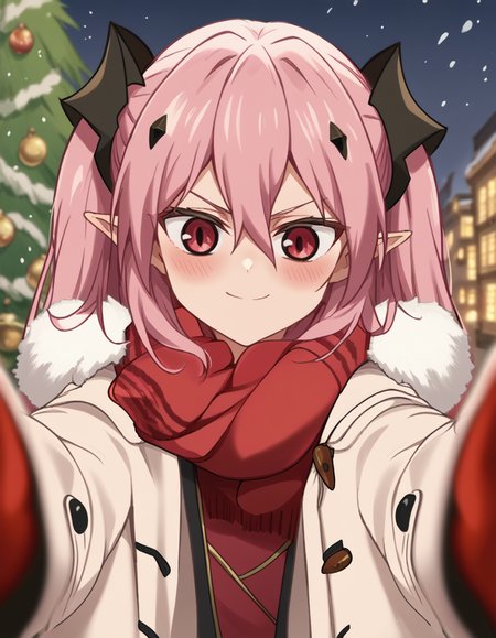 score_9, score_8_up, score_7_up, source_anime, <lora:krul-tepes-s2-ponyxl-lora-nochekaiser:1>, krul tepes, long hair, red eyes, pink hair, pointy ears, hair ornament, anime screencap, <lora:pov-cheek-warming-ponyxl-lora-nochekaiser:1>, pov cheek warming, pov cheek warming (meme), winter gloves, duffel coat, fur-trimmed scarf, winter clothes, red mittens, meme, winter coat, red scarf, fur-trimmed coat, reaching towards viewer, reaching, mittens, fur-trimmed hood, white coat, open coat, scarf, coat, red gloves, snowing, pov, fur trim, depth of field, smile, blush,, christmas, christmas tree, christmas lights,, , dutch angle, cowboy shot