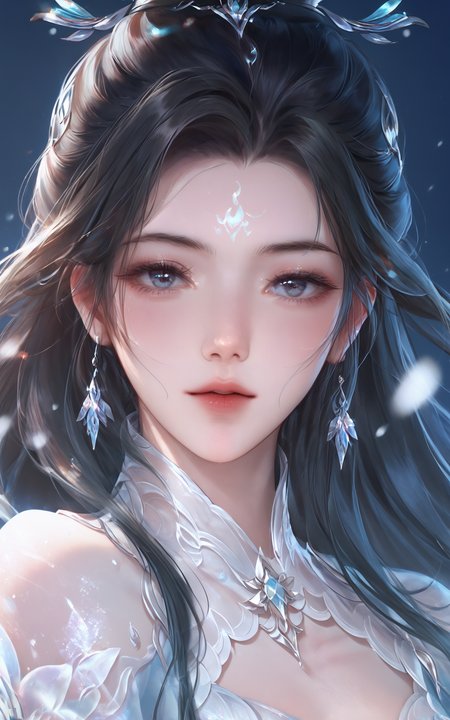 score_9,score_8_up,score_7_up,
<lora:luxueqi2486Pony:1>,luxueqi,appearance,1 female character,long black hair,facial marking on forehead,single hair bun,neutral expression,closed lips,upper body view,minimalist background,plain white background,charming posture,slender_waist,navel,light_blush,blush,glamor,hair_tucking,in winter,snow,ice,blue background,light particle,light effect,soft glow,shimmering snowflakes,ethereal atmosphere,delicate lighting,