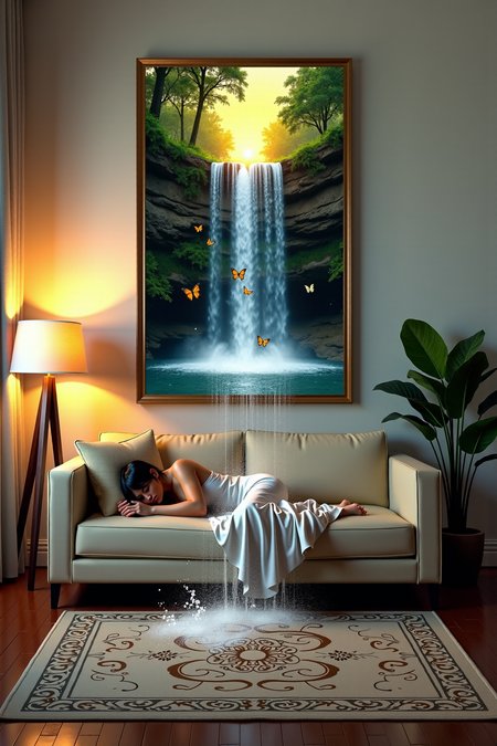A photorealistic scene with intricate details and realistic lighting. ((Hanging on the wall is a large painting of a (sparkling waterfall:1.5), but something magical has happenedâ(the water is spilling out of the frame:1.5), cascading down onto the floor. Splashes of water soak the rug and nearby furniture, droplets suspended in midair as they catch the light from the soft glow of a nearby lamp. The room is filled with a surreal energy, as the serene waterfall breaks the boundary between art and reality.):1.5) A (sleeping Filipina woman:1.2) with brown skin, long black hair, medium breasts, and a small firm ass, peacefully lies on a bed of flowers in a warm, inviting living room adorned with a plush sofa and a patterned rug. Outside, a dreamy forest (1.1) bursts with lush foliage as (brightly colored butterflies:1.3) dance around her. Inside, (a mystical creature:1.1) lingers in the shadows and a (vibrant sunset:1.2) sets the sky ablaze.   <lora:Living Canvas V0.0.1_epoch_5.safetensors:1.0>   <lora:Flux\aidmaMJ6.1-FLUX-v0.4.safetensors:0.8>, <lora:Flux\Rembrandt Lighting style v1.safetensors:0.8>,   midjourney, in the style of Jed-clrfl, aidmaMJ6.1, Rembrandt Lighting style,