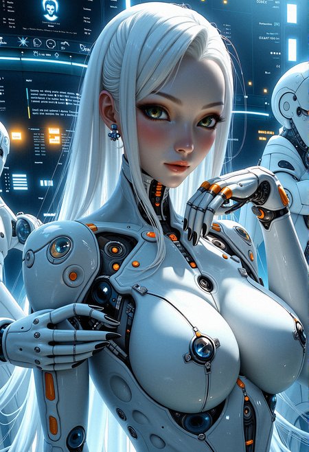 anime artwork and fantasy art of a female cyborg in a pristine, high-tech laboratory, surrounded by futuristic equipment and glowing monitors displaying complex data. She is in the process of having her mechanical components examined or upgraded, with robotic arms and tools delicately interacting with her. Her serene expression and calm demeanor contrast with the precision and complexity of the machinery around her. Focus on the detailed mechanical components of her body, intricate robotic hands, the clinical, high-tech environment, and the subtle interplay of human and machine elements.

a subtle, integrated communication system in her head or neck, with tiny speakers and microphones for direct interaction.a form-fitting, adaptive fabric bodysuit that covers parts of her body, adjusting its texture and rigidity based on her needs.Introduce subtle, bioluminescent vein-like structures that run through her mechanical components, pulsing gently with a soft glow.Integrate glowing, circuitry-like patterns onto her metallic parts, that light up and pulse.

