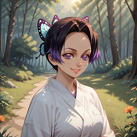 score_9, score_8, BREAK, solo, Kochou shinobu, alternate hair style, short hair, 1girl, parted bangs, forehead, butterfly hair ornament, solo, no pupils, adult female, mature female, breasts, sexy pose, self portrait, smile, outdoors, sunlight, shadows, evening lighting, natural lighting, forest, trees, grass, orange sky, sunset