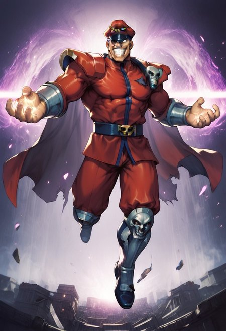 zPDXL3,RE_Engine,score_9_up,score_8_up,score_7_up,detailed,(best quality:1.2),digital media \(artwork\), BREAK, solo,best quality, 1boy, solo male, M bison, (street fighter), red uniform, red cape hat, grin, white eyes, peaked cap, silver skull pauldrons and gauntlets, grey hair, manly, military uniform, muscular, destroyed city, night, dynamic lighting, full body, floating, purple aura