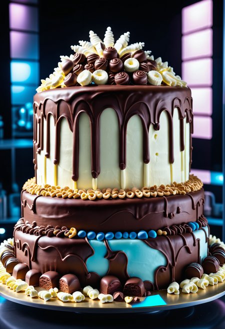 A masterpiece of a giant cake, futuristic style, (Ashley Park:1.3) , cinematic lighting, atmospheric perspective, sleek, modern, ultramodern, high tech, detailed, cyberpunk, symmetry, sci-fi, Jed-ChocoC, chocolate, cereals, <lora:last:0.7>, Jed-whtccae, <lora:WhiteChocoStyle-000005:0.6>, Jed-mrshmlw, <lora:MarshmallowStyle-000007:0.5>, Icing, stunningly beautiful background, masterpiece, positive emotions, lush, extremely rich detail, highly detailed, luxury, highly enhanced, epic atmosphere