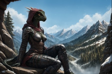 score_9, score_8_up, score_7_up, score_6_up, solo, ((Female_Argonian, 8k scaled skin, black skin)), ((Detailed scales, detailed face)),  (black assasin armot, detailed armor, hood), fireplace,   (sitting on knees on The edge of the cliff), soft light, cinematic light, mountains, falling snow, detailed, <lora:Female_Argonian:1>  <lora:Perfect Hands:1> <lora:Sakimi:1>