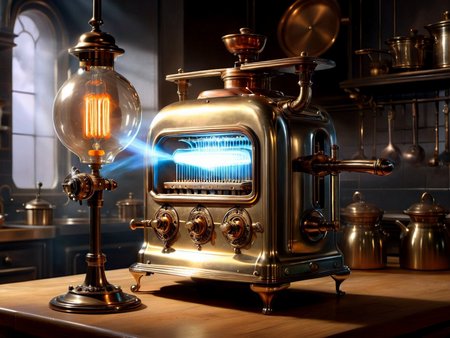 <lora:TechPunkAI:.7> ValvePunkAI ,VictorianPunkAI  toaster in kitchen  (Highly detailed, amazing retro-futuristic setting), (Shiny Impressive lighting), (Ultra Realistic, High quality, Highly detailed, Sharp focus, 8K UHD, Art photography), (trending on artstation)