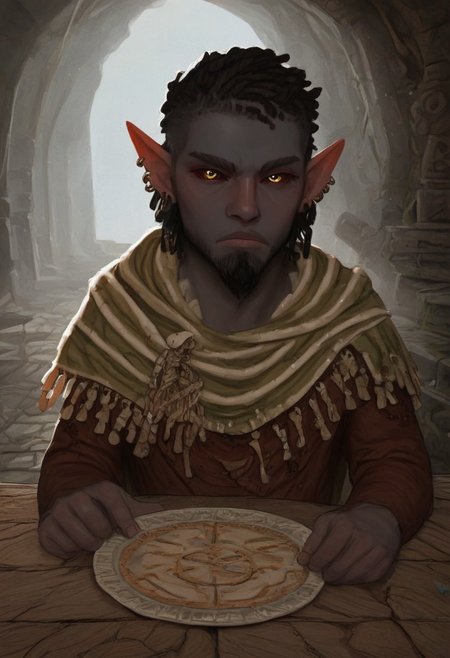 solo, short pointy ears, piercings, random elf face, aquiline features, male dark elf, masculine, long beard, weathered skin, large nose, athletic build,  animated realism, zoomed out, Syrian features, torso, brass pipes and gears, intricate architecture, dwarven masonry, dwemer fixtures, white-green light, gloomy lighting, ancient ruins, interior, stone tiled floor, grey-blue skin, mahogany and ivory clothes, medium armor, bone plate armor, ivory straps and fittings, alien bone ornaments, grey wood neckguard, dark red sclera, black pupils, distant mushroom forest, blue-green light, neon, highly detailed, defined features, looking at viewer, three quarters view, from front, dynamic lighting, 21 years old, light and shadows, patterned cloth, annoyed expression, expressive eyes, detailed medieval clothes, short hair, wavy hair, thick hair, beaded hair, braided hair, under cut hair, semirealistic, alien elf, spanish features, jewish features, black hair, dark red hair, umber skin, sharp features, pastel green berber print cloak, nighttime, high detail, absurdres, pretty eyes, detailed eyes, yellow eyes,