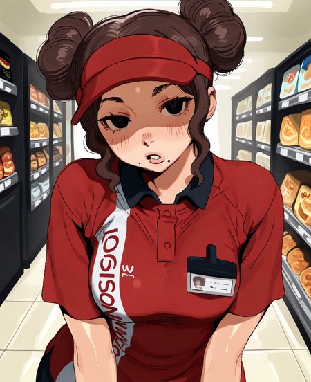 <lora:whoopsatro-koto-illustrious 3:1> whoopsatro,,
(masterpiece), (best quality), (ultra-detailed), amazing quality, very aesthetic, illustration, perfect composition, intricate details, absurdres, incredibly absurdres, shiny skin, realistic,
 <lora:boss:1>, boss_(gats), hair bun, double bun, mole under mouth, visor cap,brown hair, employee uniform,  black eyes, red_shirt, looking at viewer,