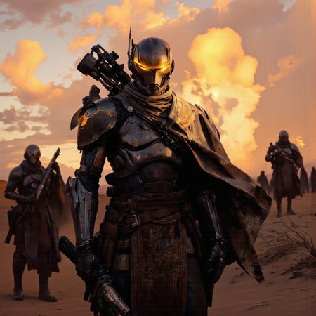 Art by Piotr JabÅoÅski. A digital illustration shoot from a frontal camera angle about a futuristic, armored humanoid robot standing in a desert landscape during sunset. the image also shows other soldiers in the background. on the center of the image, a muscular, humanoid robot appears to be standing confidently, facing the viewer, with a large gun mounted on its back and glowing yellow eyes. the robot is wearing a dark, metallic armor with intricate details and a shawl draped over its shoulders, giving it a dramatic appearance. it has a sleek, futuristic design with a metallic texture and a metallic sheen, and its armor is highly detailed with a variety of textures and patterns, including pauldrons, shoulder armor, and armored shoulder armor. on its head, a glowing yellow light illuminates its face, adding a sense of power and intensity to the scene. in the foreground, another robot is visible, holding a large, futuristic weapon, and in the distance, a group of other soldiers can be seen, silhouetted against the warm, orange and pink hues of the sunset sky.