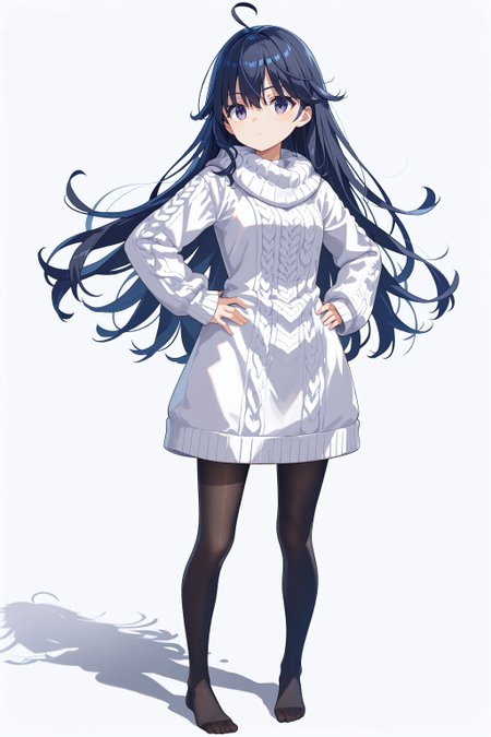 score_max, (score_9, score_8_up, score_7_up:1.2), score_6_up, official art, source_anime,
, masterpiece, absurdres, high detail, 8k,
white background, blue sky, horizon, full body,
standing, hands on hips,
2d, kamisaman, ahoge, black hair, long hair, aran sweater, cable knit, long sleeves, white sweater, sweater dress, black pantyhose, no shoes,
<lora:XL_Pony_MGCM-kamisaman-t1:1.1>