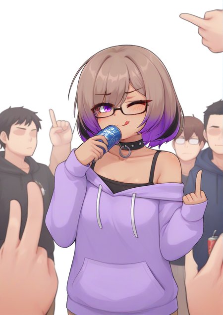 1girl,aerosol, bandana, bandana over mouth, black hair, brown hair, choker, crowbar, dark-skinned female, dark skin, glasses, hair over one eye, holding, holding crowbar, holding weapon, hood, hoodie, light purple hair, medium hair, middle finger, multicolored hair, multiple boys, necktie, off-shoulder shirt, off shoulder, one eye closed, purple hoodie, shirt, short hair, spiked choker, spikes, spray can, streaked hair, tongue, tongue out, vest, weapon <lora:bippew:1>