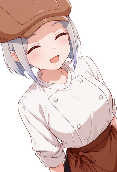 masterpiece,high quality details,absurdres, 
 <lora:Nishidera_Nene:0.8>
nene_cnr, 1girl, grey hair, short hair, 
nene_s2,cabbie hat, white shirt,brown waist apron, brown skirt,sleeves rolled up,black pants, buttons,, simple background, white background, from above,solo,, \(^o^)/,