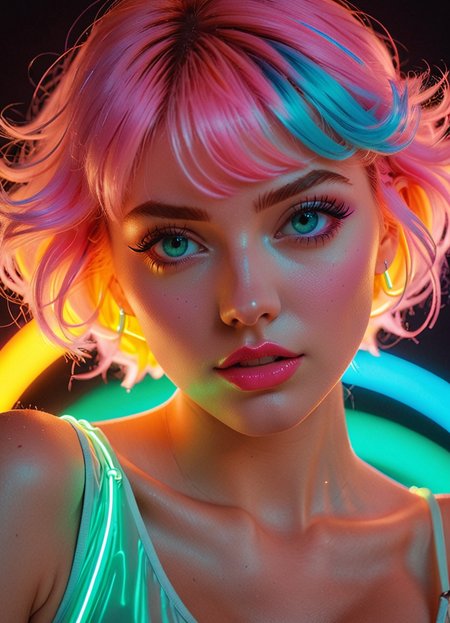 Ombre color scheme of neon pink, neon blue, neon yellow, neon green, neon orange, vaporwave style anime artwork, grand photograph, Polaroid, annoyed 25-year-old woman, neon glowing hair, canon 5d mark 4, neon light, Kodak ektar, aexcited expression, pastel colors, curved lines, elaborate detail, (art by j.c. leyendecker:1.1) vibrant, neon colors, vintage 80s and 90s style, highly detailed <lora:sss:0.8>  <lora:add-detail-xl:1> <lora:Channel_42:0.8> Channel_42, subsurface scattering, Photorealistic, Hyperrealistic, analog style, realistic, film photography, soft lighting, heavy shadow