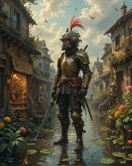 profile silhouette against vivid sunset of (corporate samurai with stock ticker helmet HUD kicking off wall for aerial plunging attack use water_elemental:1.2) in front of Jan van Goyen (Dutch Golden Age), Rapeseed fields under overcast sky, nightingale song in thicket, peat cutter's tool shed, otter sliding into stream,
wearing nanotech swarmsuit with adaptive camouflage made of blackhole-event-horizon satin with retractable wrist-mounted energy blades,
dieselpunk propaganda poster in the style of james jean, aurora borealis curtain shimmer, insect chitin iridescence,
phantom limb transparency, nomad, dune-rippled, caravan-trailed, hierarchical scale (giant vs miniature), artstation, trending on artstation, highly detailed fantasy art, stocking, intricate, elegant, highly detailed, centered, digital painting, concept art, smooth, sharp focus,
<lora:tbh124-sdxl:0.15> style of Jean-Antoine Watteau,
<lora:tbh129-sdxl:0.15> style of Michael Cheval,
 <lora:Sinozick:0.15>,
<lora:add-detail-xl:0.7>,
<lora:aidmaMJ6.1_v0.5_2:0.3> aidmamj6.1,
<lora:Flux-XL_Scenery:0.15> flux-scenery,
<lora:Flux-style-xl-lora:0.15> flux-style,
<lora:1dkXLP:0.15> 1dk,
<lora:extremely_detailed:0.8> extremely detailed ,
<lora:tbh76-sdxl:0.05> Style of Mark Ryden, 
<lora:tbh124-sdxl:0.15> style of Jean-Antoine Watteau,
<lora:tbh129-sdxl:0.15> style of Michael Cheval,
<lora:Sinozick:0.15>,
<lora:add-detail-xl:0.7>,
<lora:aidmaMJ6.1_v0.5_2:0.3> aidmamj6.1,
<lora:Flux-XL_Scenery:0.15> flux-scenery,
<lora:Flux-style-xl-lora:0.15> flux-style,
<lora:1dkXLP:0.15> 1dk,
<lora:extremely_detailed:0.8> extremely detailed ,
<lora:tbh76-sdxl:0.1> Style of Mark Ryden,, Cyberpunk art style, futuristic cityscapes, neon-lit streets, high-tech and low-life, cybernetic enhancements, dystopian and gritty atmosphere