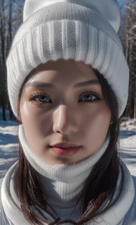 (white ski wear:1.1), (masterpiece,best quality:1.4),(8k,raw photo,photo realistic, Fujifilm XT3:1.2),natural light, hard shadow, HDR, shiny skin,detailed skin,detailed face,detailed eyes, japanese woman, (snowing:1.1),  (full body shot:1.2), white knitted hat,(red lips:0.9), <lora:asianGirlsFace_v1:0.3> <lora:backlight_slider_v10:-0.5>