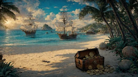 (illustration:1.2), (beautiful caribbean beach pirate landscape), sharp focus, (ultradetailed), (ship galleon:1.2), pirate (village), leafy beach coast, (treasure chest with coins, gems and jewels:1.2), rum barrel, best quality masterpiece, bright sunny sky, backlight, natural lights, high contrast, hdr, shadows, pretty, beautiful, (PirateDiffusionprt:0.5), <lora:Pirate:0.3> PrateT <lora:PirateRealms:0.3> <lora:Detail Tweaker LoRA add_detail:0.7> <lora:depth_of_field_slider_v1:5> <lora:SDXLrender_v2.0:0.8> <lora:oil_painting:0.8>