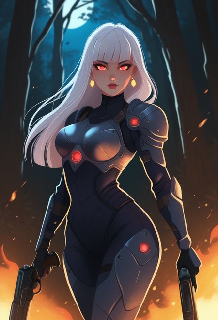 MSMLN, 1girl, solo, weapon, long hair, earrings, jewelry, forest, gun, nature, armor, breasts, red eyes, holding, holding weapon, white hair, science fiction, blunt bangs, holding gun, glowing, lips, outdoors, night, glowing eyes, cowboy shot, medium breasts, colored sclera, looking at viewer, fire, masterwork, masterpiece, best quality, dynamic lighting , dynamic pose,, dynamic angle, , , (lineless:1.2), detailed, , aged up, adult, depth of field, dynamic lighting, blurry, cheekbones,