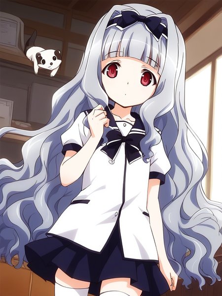 score_9, score_8_up, score_7_up, source_anime, rating_explicit, BREAK  <lora:Watayuki_Ver2.0_XL:1> Watayuki, hairband, very long hair, blue hair, grey hair, hair bow, purple eyes, red eyes, wavy hair, flat chest, blunt bangs,
school uniform, skirt, white thighhighs, bow, zettai ryouiki, ribbon, indoors, short sleeves, shirt, ã
ferret, animal,