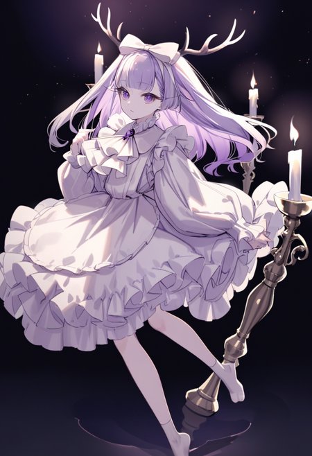 masterpiece, best quality, <lora:yoggiXL_ANI31_lokr_V43P1:0.95>  1girl, candle, solo, dress, long hair, horns, bow, hair bow, flower, antlers, full body, long sleeves, socks, ascot, puffy long sleeves, black background, frills, looking at viewer, white dress, fire, holding, candlestand, apron, purple eyes, purple hair, blunt bangs, tree, white hair, frilled dress, purple theme, puffy sleeves, white ascot