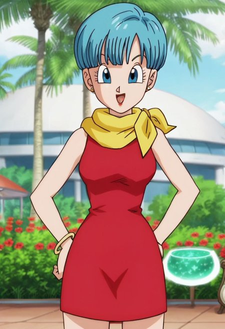 source_anime, score_9, score_8_up, score_7_up, anime screencap,8k, absurd res, official style, happy, smile, looking at viewer, huge tits, Bulma from dragon ball, bulma, short hair, ((((bowl cut)))), open mouth, blue eyes, outdoors, garden, dress, jewelry, blue hair, scarf, bracelet, aqua hair, red dress, wristband, yellow scarf, sleeveless dress, 1girl, solo, wide hips, text bubble, hearts, 
standing, standing straight, one hand on hip, 
day, in a fantasy forest near a lake,