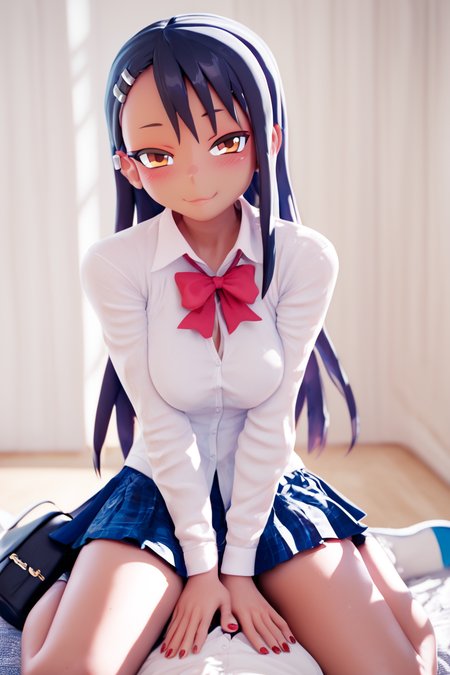 score_9, score_8_up, score_8, medium breasts, (curvy), cute, eyelashes,      ,,,  nagatoro hayase, long hair, bangs, black hair, hair ornament, brown eyes, hairclip, fang, dark skin, dark-skinned female, tan, skirt, shirt, school uniform, white shirt, pleated skirt, nail polish, blue skirt, red nails, earclip, <lora:NagatoroHayasePDXL_v1:0.7>, ,,, spreading legs, hand between legs, blush, smug, ,,, closed mouth, alternate costume, smile, looking at viewer, collared shirt, blush, sweater, black skirt, eyelashes, long sleeves, sleeves past wrists, plaid skirt, shoulder bag, black bag, blurry, tile floor, pleated skirt, white shirt, ,,, shiny skin,  <lora:BeanisPDXL:1.0>,   ,,, smile, looking at viewer,  abstract background, white outline,  ,,, embedding:zPDXL, Expressiveh, <lora:SDXLFaeTastic2400:0.5>,  <lora:Expressive_H-000001:0.4>,