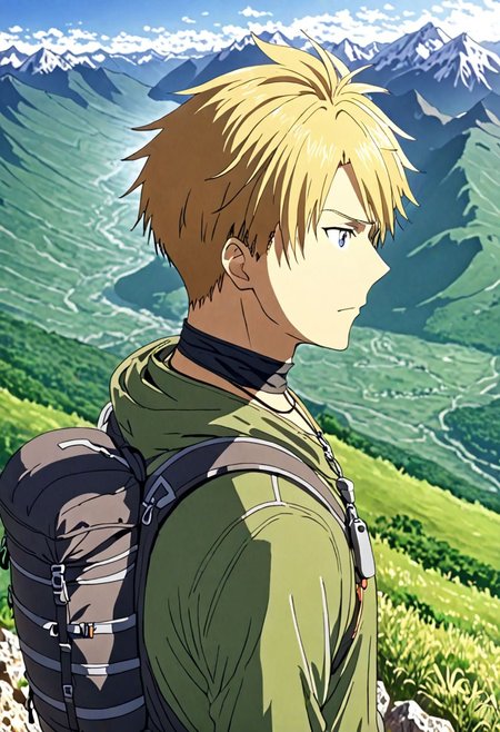 high resolution, solo, best quality, 1Boy, Yamato Ishida, Blond Hair, Necklace, landscape, upper body, look at the view behind, upper body, high mountain, hiking gear, , OverallDetail