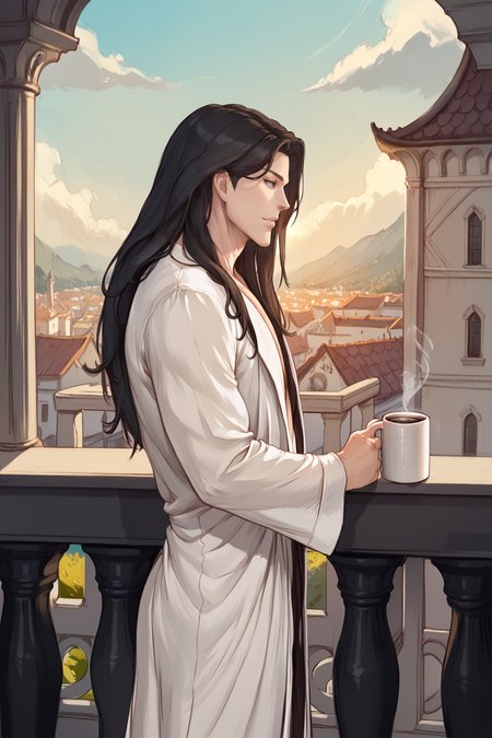 score_9, score_8_up, score_7_up, masterpiece, high quality, extreme detail, absurdres, (detailed skin texture) BREAK, 
<lora:Jin So-HanPonyLora:1>jin, long hair, 35 years old, man, dressing gown, balcony, holding mug of coffee, from side