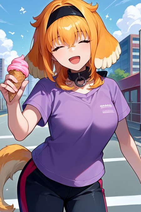 score_9, score_8_up, score_7_up, score_6_up, source_anime, BREAK 1girl, solo,  <lora:haremroxanne-pdxl-nvwls-v1-000005:1> roxanne, multicolored hair, dog ears, black hairband, collar, purple t-shirt, track pants, holding ice cream, city, looking at you, happy, open mouth, closed eyes