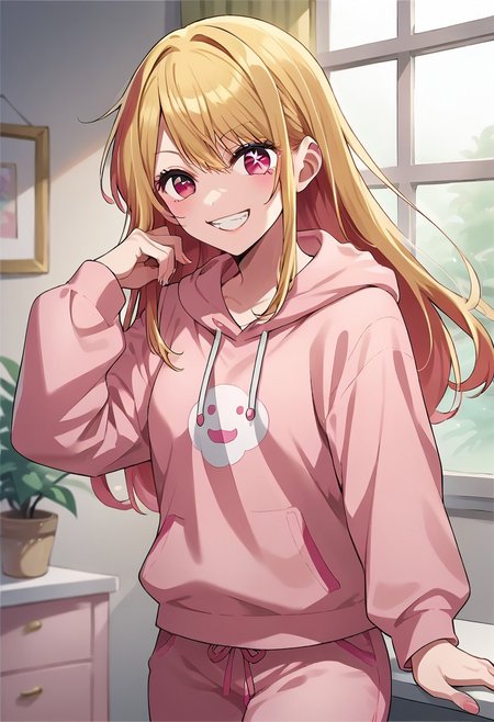 score_9, score_8_up, score_7_up, source_anime,hoshino ruby, blonde hair, pink eyes,  1girl, smile, solo, grin, long hair, hood, looking at viewer, long sleeves, pink pants, hoodie, pajamas, pants