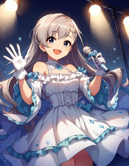 score_9,score_8_up,score_7_up,1girl,solo,cowboy shot,looking at viewer,smile,open mouth,holding microphone,waving,stage lights,
<lora:hisakawahayate_ponyXLV6:0.8>,cghh,
grey hair,braided bangs,long hair,blue eyes,
white dress,off shoulder,frills,white gloves