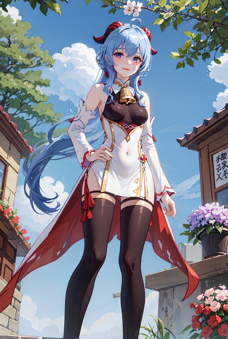 <lora:GanyuGenshin-000014:0.4>,ganyu_genshin, 1 girl,(smile:1.1) (full body), (standing),solo,(1 girl in the photo:1.5),(alone:1.5),(looking at viewer:1.4),(one hand on the head:1.7),(one hand behind body:1.7),cow horn head ornament, blue hair, a bell on the chest, bare shoulders, blue and white sleeves,(beautiful detailed purple eyes), black one-piece tight-fitting gymnastic wear, o-ring legwear, a cloth in front of stomach, white high heels, (from below:1.3),small breasts,outdoors,park,lawn,station,flowers,