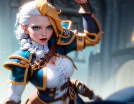 best quality, 1girl, beautiful athletic adult sxz-jaina-v2-9900 running through magic city, dynamic pose, white hair, single braid, big breasts, armored pauldrons, white corset, (glowing blue eyes), particles, frost on the lens, masterpiece, film grain, (lens distortion:0.7), (chromatic aberration:0.7), intricate, volumetric lighting, realistic, realistic lighting, cinematic, 8k, cinematic lighting, masterpiece, perfect, hyper-detailed, photorealistic, intricate details, stop motion, tonemapping, sharp focus, hyper detailed, trending on Artstation