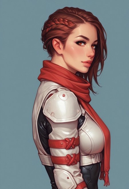 (((side view)))
A pale skinned girl, a part of the healer class in the futuristic sci-fi videogame she inhabits. Dressed in grimy and worn-out clothes, she stands in a dimly lit (underground base:1.5). Her body is adorned with white latex garments with red accents/details, including a complex design bodysuit, a scarf tied around her neck, and several white belts, white harnesses, and white holsters for her tactical equipment. Her attire is accented with red, crop jacket. She holds a handgun in her hand, ready to use it in battle, Looking at viewer, confident cute pose, shiny reflective eyes.
(((full-clothed))),
BREAK 
(outdoor background:1.9) score_9, score_8_up, score_7_up, score_6_up, source_cartoon, rating_explicit, Expressiveh, (((((upper body))))), dynamic pose