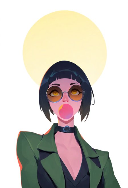 sevenseven, masterpiece, vivid, gradient, smooth, semi-realism,   high res image,  best quality, detailed face, detailed eyes, pupils, solo,  mathilda from leon, green jacket, black vest,  black round sun glasses, choker, (bobcut:1.1), white background, blowing bubblegum, facing viewer, 