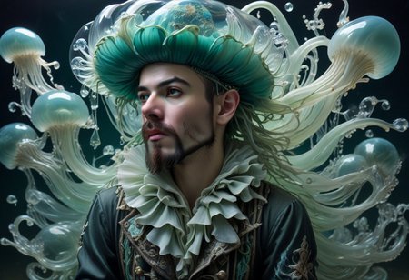 long mid shot portrait photography of an ethereal young  pirate man, fairytale aesthetic. light green sheme, Photorealistic, intricate details, realism, sfw, ultrasharp, photography, floating, water, under water, jellyfish, haute couture, tentacles, bioluminescence