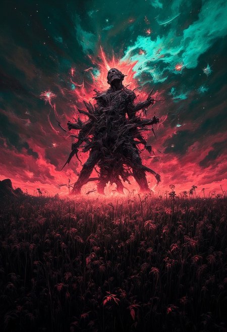 A field full of black grass during a sunset with the sky lit up in red and teals, Stars and a nebula shining through, black silhouette of a man impaled with multiple weapons in the middle of the nebula, DB4RZ, DB4RZ style painting, symmetrical, evil monstrosity