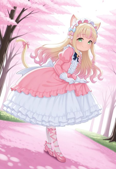 atg_(wttoo0202) , 1girl, catgirl, green eyes, blonde cat ears, blonde cat tail, blonde hair, two-tone hair, gradient hair, multicolored hair, pink tips, pink highlights, pink streaks, masterpiece, best quality, absurdres, 
(pastel theme, lolitafashion:1.2), pastel lolitafashion, sweet lolitadress, shiny lolitadress, victorian dress, kawaii, cute, moe, puffy padded dress, petticoat, puffy sleeves, pastel colors, pastel pink, pastel blue, frilled wide skirt, white pantyhose, pastel dress, puffy sleeves, gloves, pastel headdress, many bows, multiple bows, ribbons, frills, frilled fabric, center frills, sparkles, glitter, cute lolitashoes, leg ribbon, tail ornament, tail ribbon, tail bow,
outdoors, nature, park, cherry blossom trees,
(solo:1.2), from side, full body, dynamic pose, dutch angle, looking at viewer, happy smile, curtsey, skirt hold, watson cross, bowing, leaning forward,
intricate, highly detailed, majestic, shallow depth of field, movie still, circular polarizer