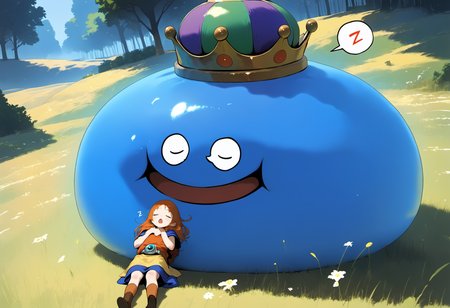 score_9,score_8_up,score_7_up,best quality,masterpiece,extreme detailed,full_body,zPDXL,nature,field,
BREAK (2girls:1.1),king slime,slime (dragon quest),crown,:D,<lora:king slime-v3-pony:0.8>,open mouth,on_back,(closed eyes:1.2),(sleeping:1.2),(spoken zzz:1.1),