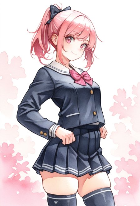 masterpiece, best quality,
 <lora:FiRez:1> F1R3z, watercolor \(medium\),  1girl, solo,standing,looking at viewer, happy, closed mouth,pink hair, ponytail, pink eyes,school uniform, bow, long sleeves, skirt, skindentation, thighhighs,
